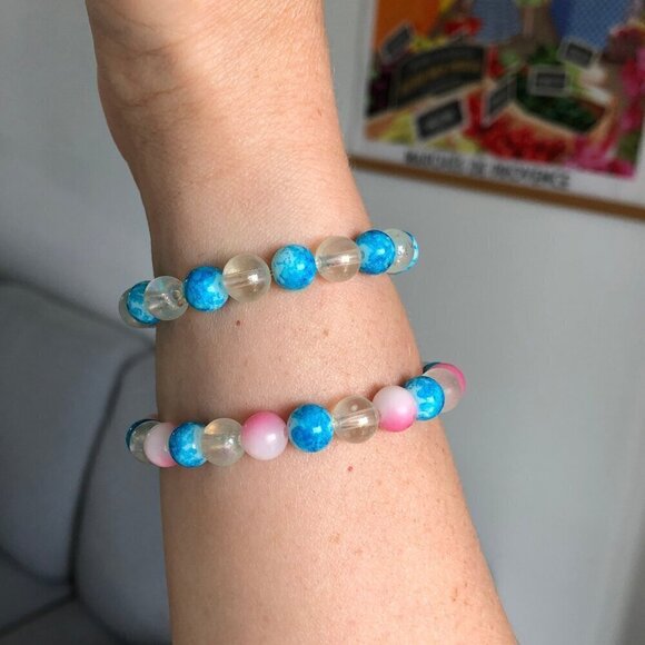 Handmade Glass Bracelets Round Flower Beads Blue Clear Pink Brown, 5.75 to 6.5'' - Picture 7 of 16